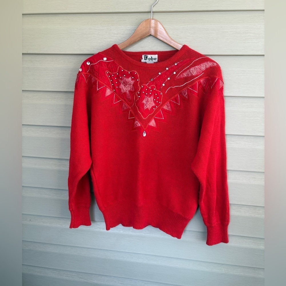 KOBE vintage red holiday grandma sweater western abstract 80s embellished sz 38